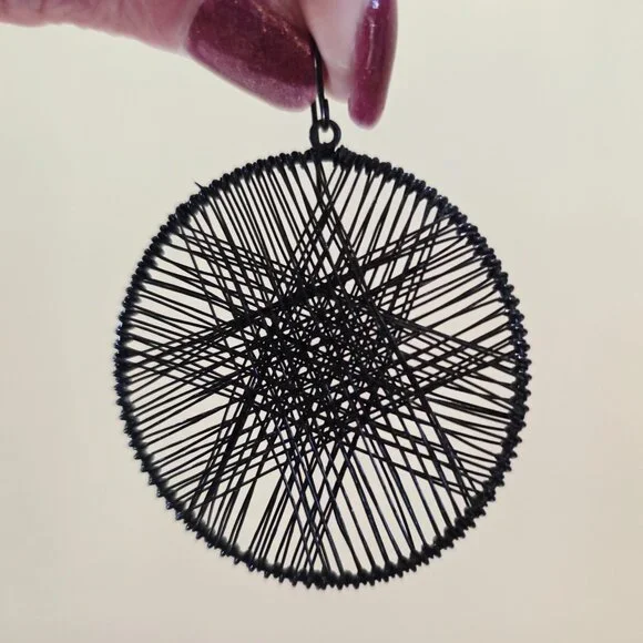 Black Round Woven Star Black Wire Dangle Hoop Pierced French Hook Earrings - Picture 8 of 9